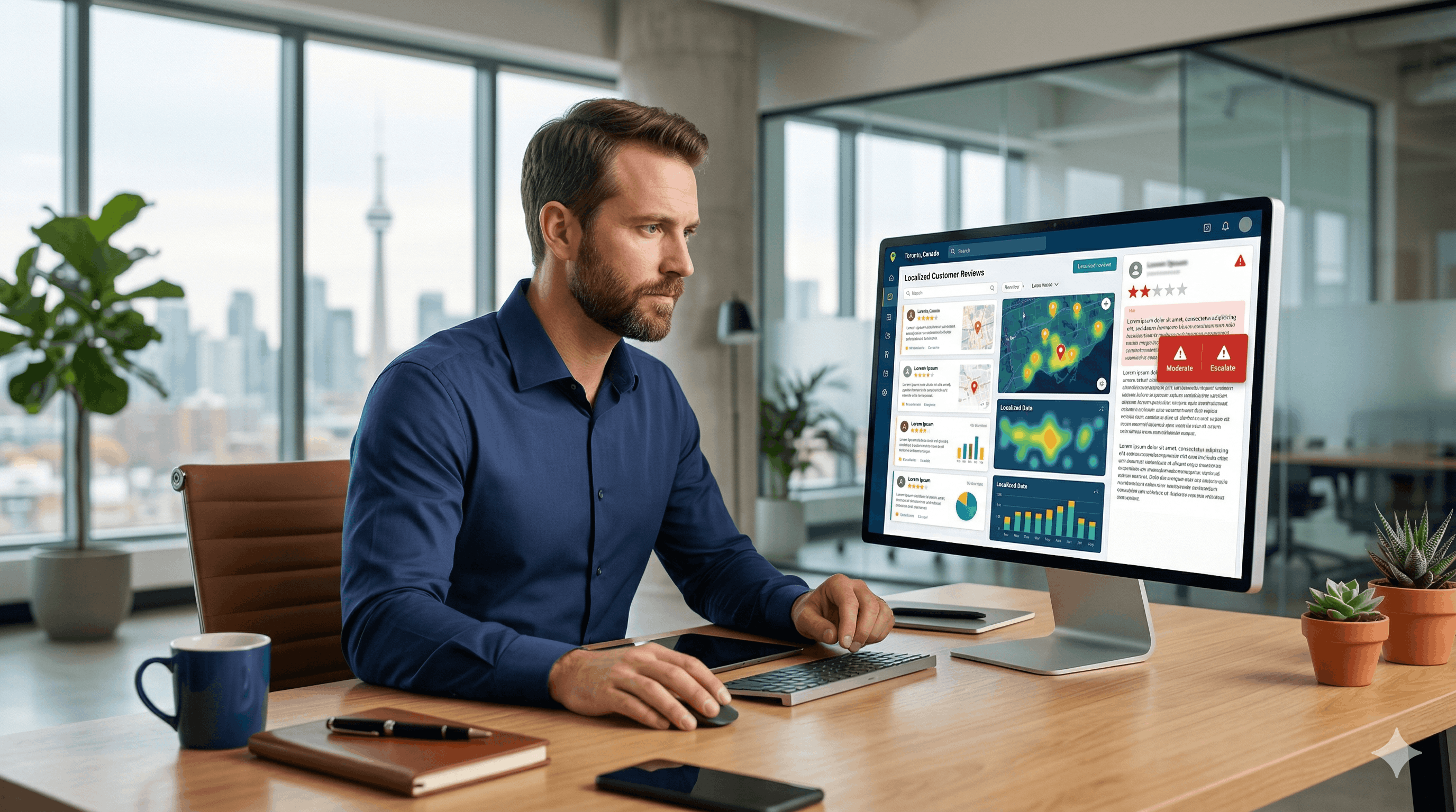 Entrepreneur concentré analysant des avis clients sur un grand écran d'ordinateur dans un bureau moderne avec vue sur la ville