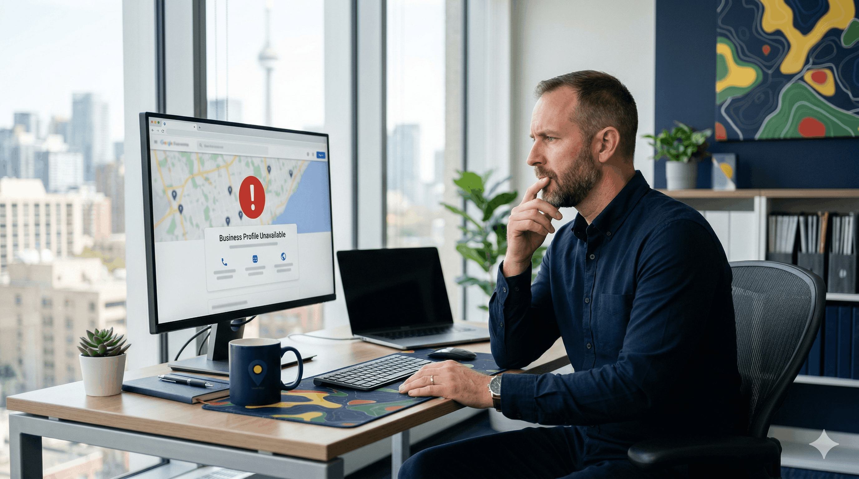 Entrepreneur préoccupé regardant un message d'erreur 'Business Profile Unavailable' sur Google Maps à l'écran de son ordinateur