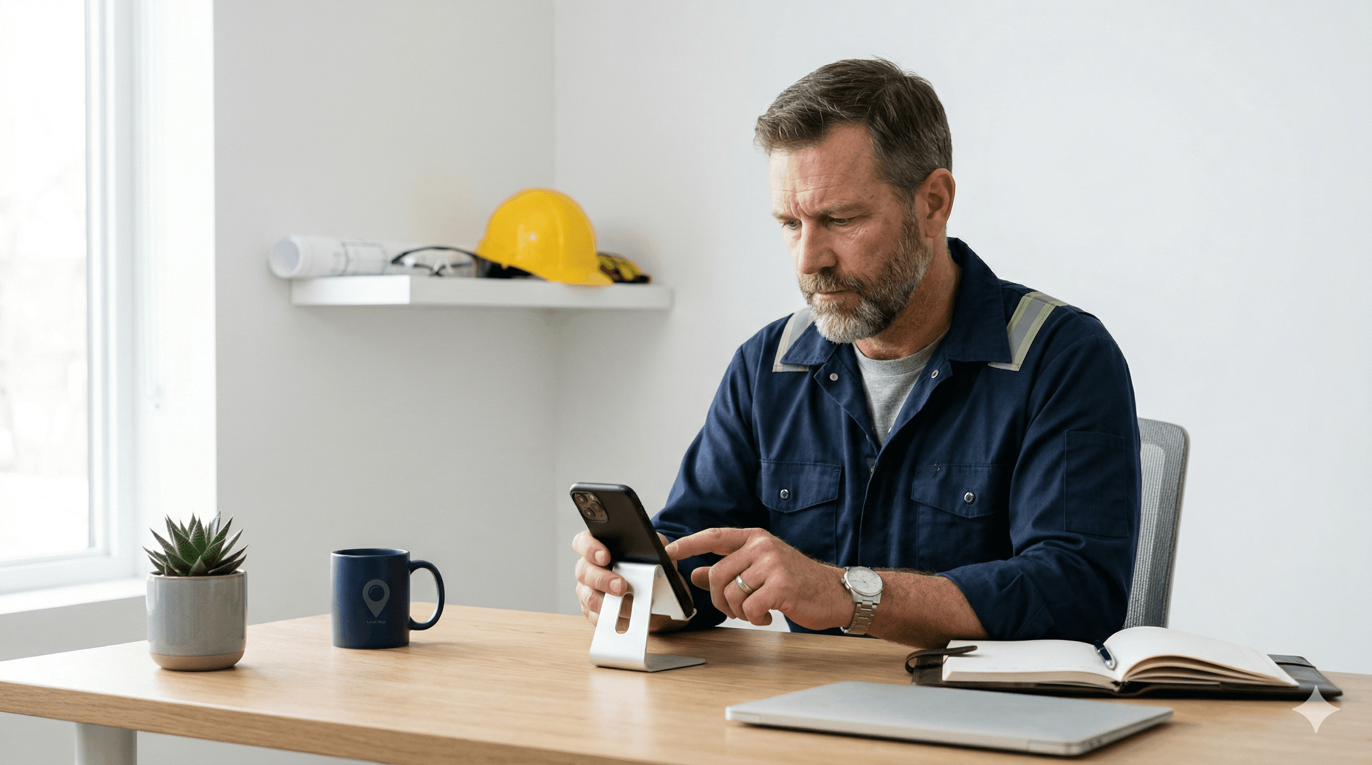 Entrepreneur du secteur de la construction consultant sa fiche Google sur son téléphone à son bureau, avec un casque de chantier en arrière-plan