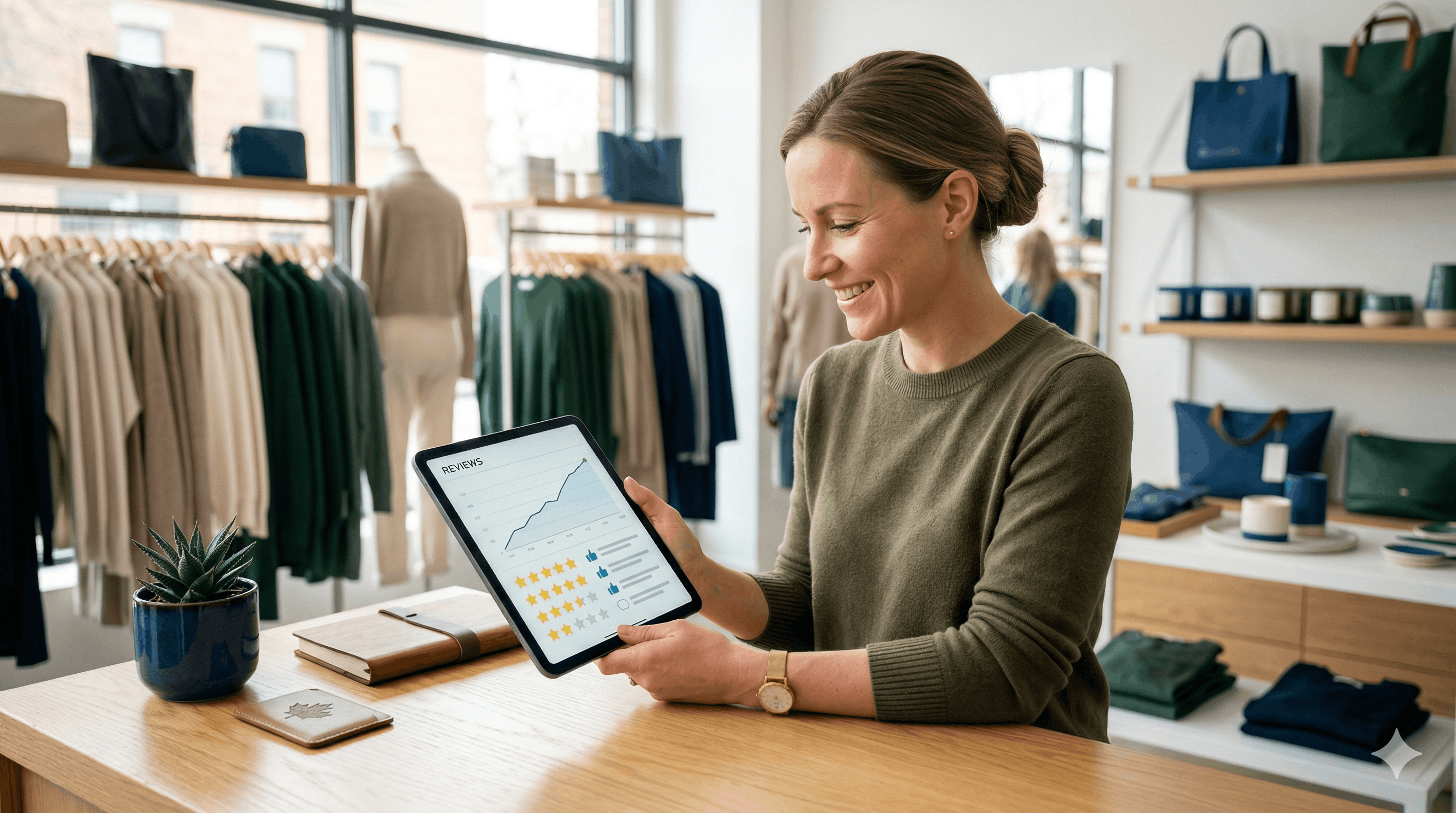 Propriétaire d'une boutique de vêtements souriante consultant les statistiques d'avis Google en progression sur sa tablette