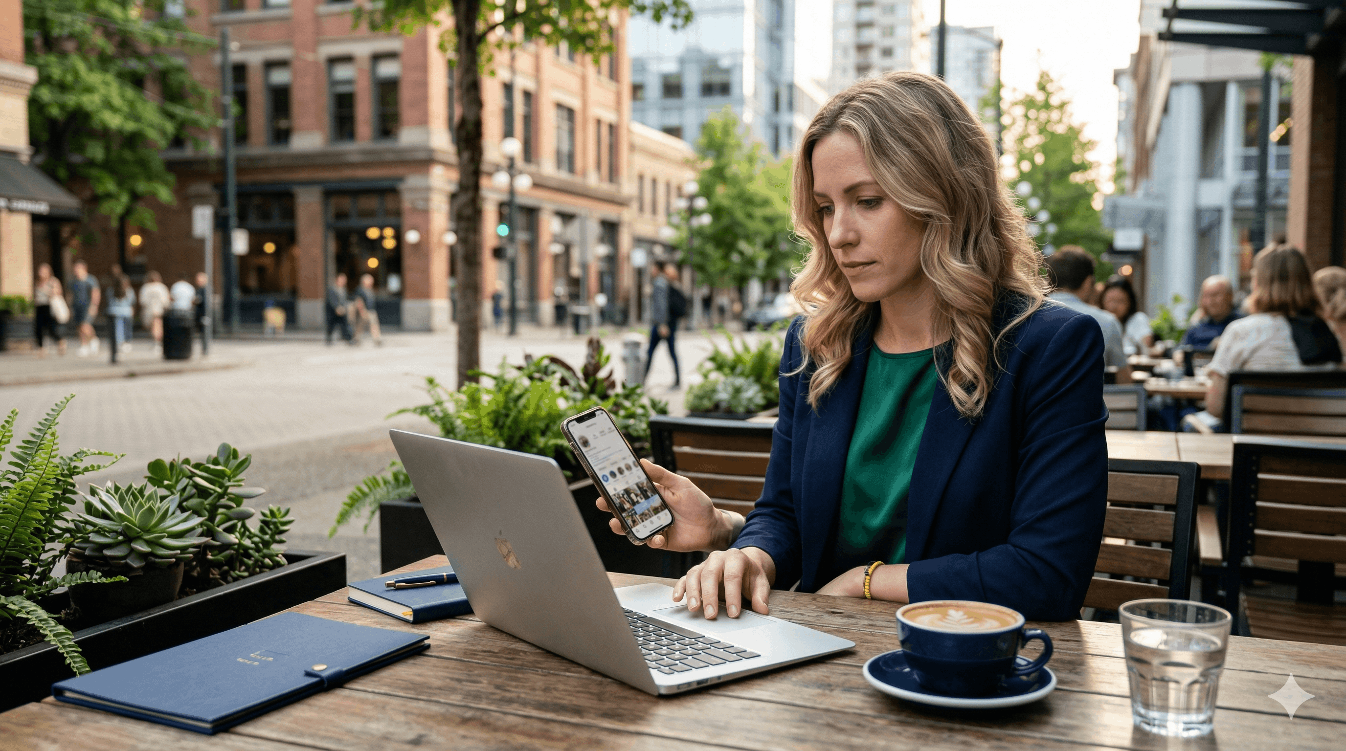 Femme d'affaires en terrasse de café consultant Facebook sur son téléphone et Google sur son ordinateur portable, illustrant la comparaison des deux plateformes