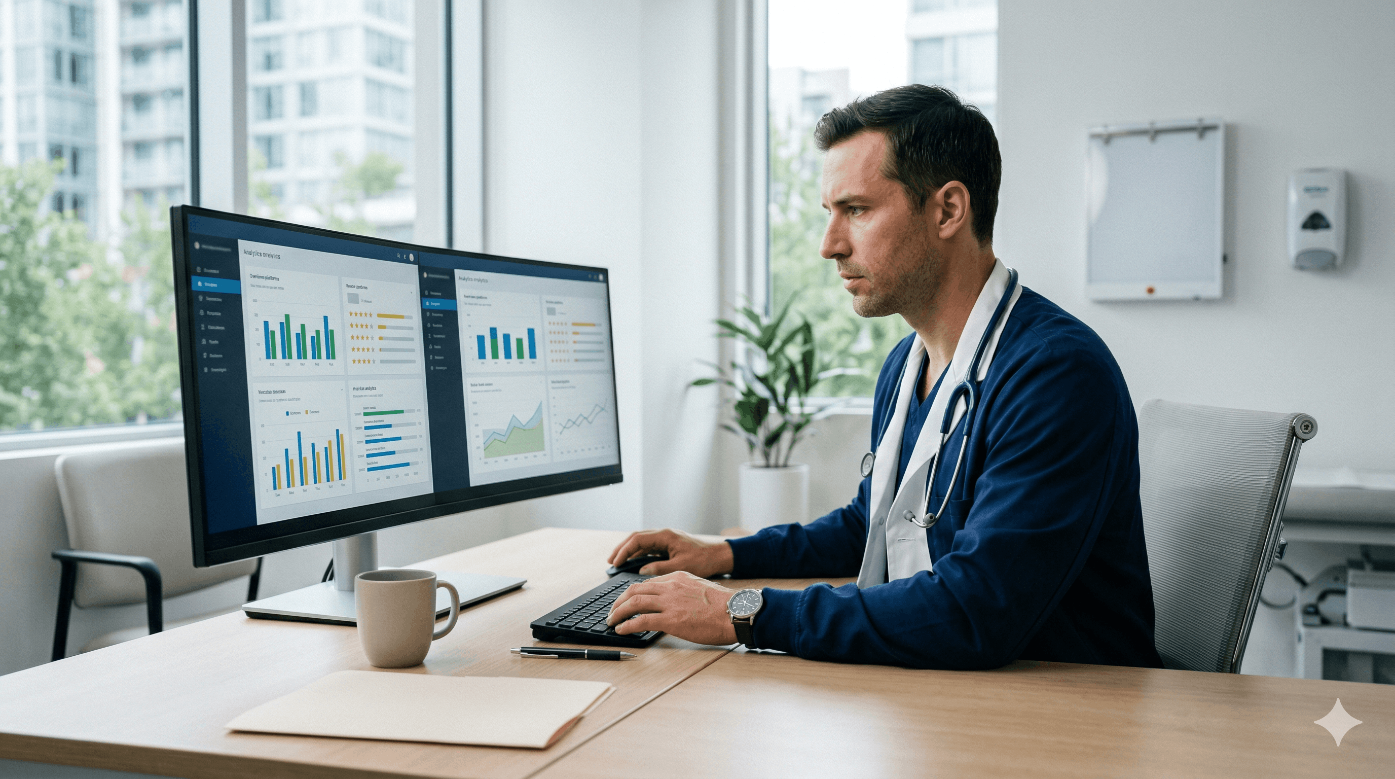 Médecin consultant un tableau de bord analytique comparant plusieurs plateformes d'avis en ligne dont Google et Yelp