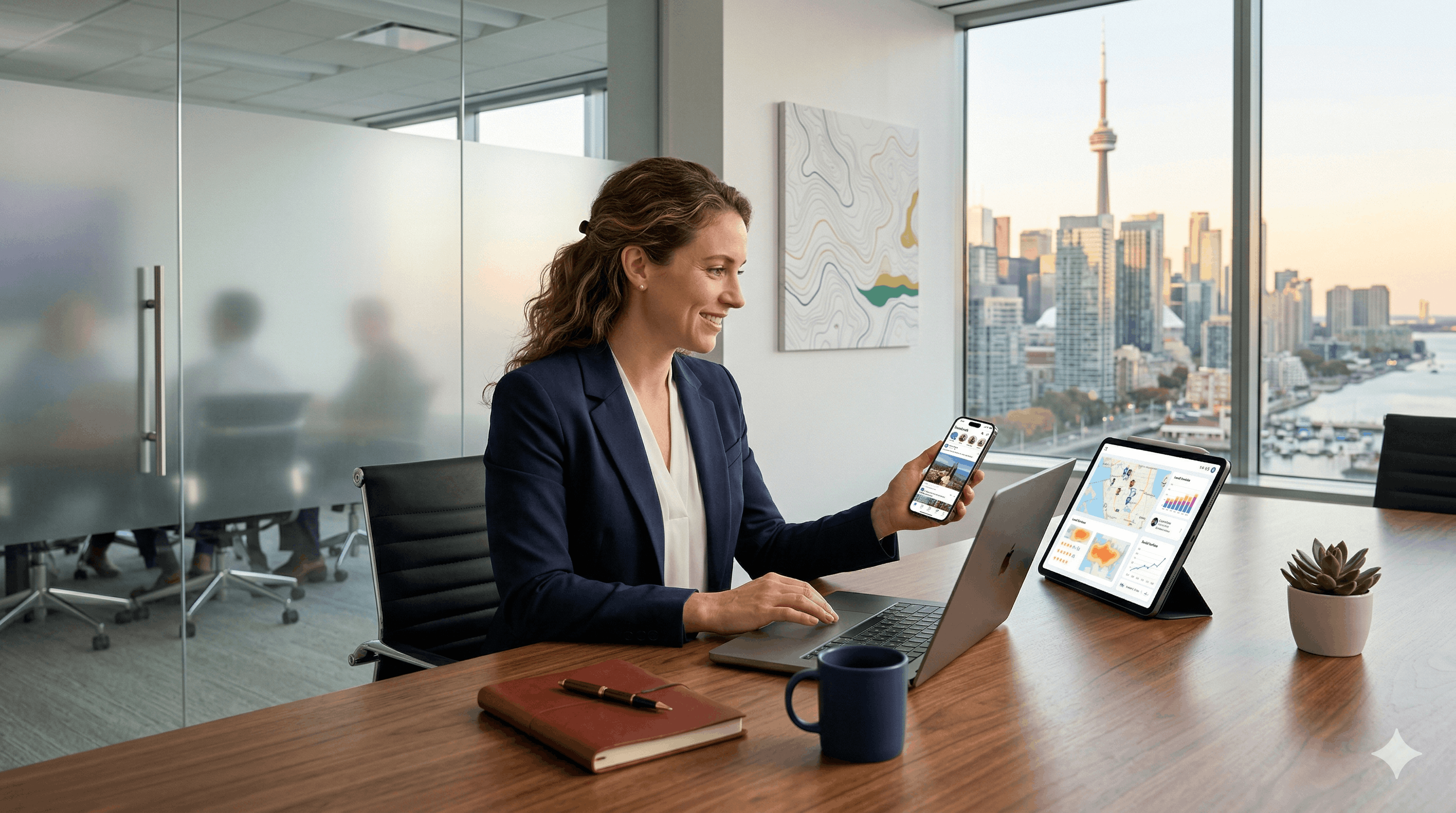 Femme d'affaires souriante en réunion consultant ses réseaux sociaux sur son téléphone et son tableau de bord Local Map sur tablette