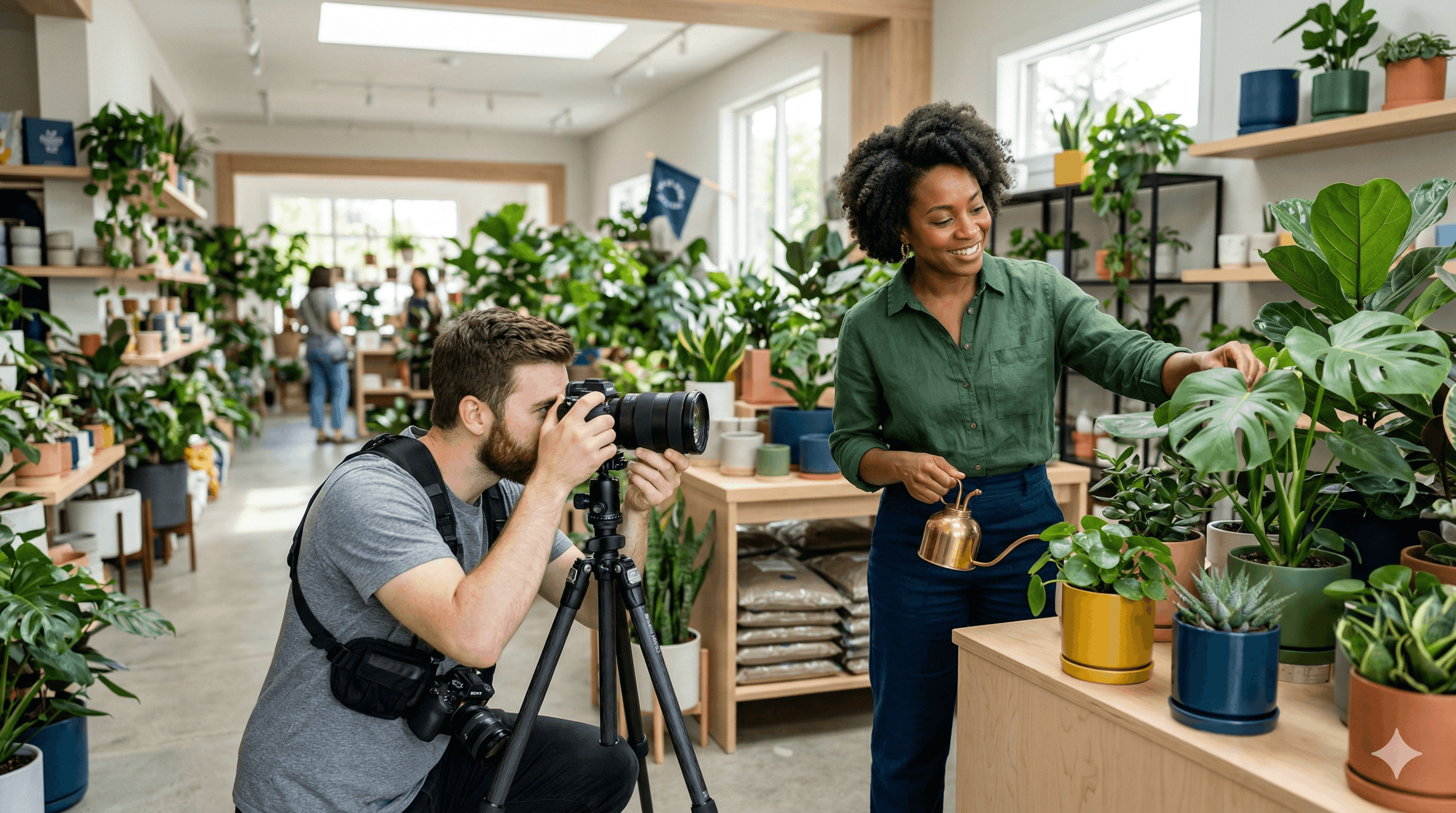 Photographe professionnel en train de capturer des photos d'une boutique de plantes pour la fiche Google d'une entreprise locale