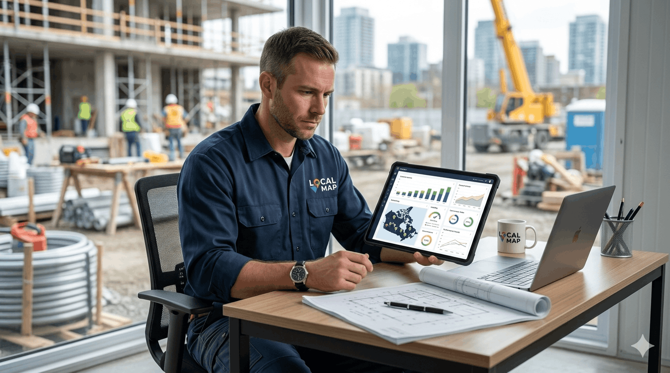 Entrepreneur en construction consultant le tableau de bord Local Map sur une tablette pour optimiser sa catégorie Google