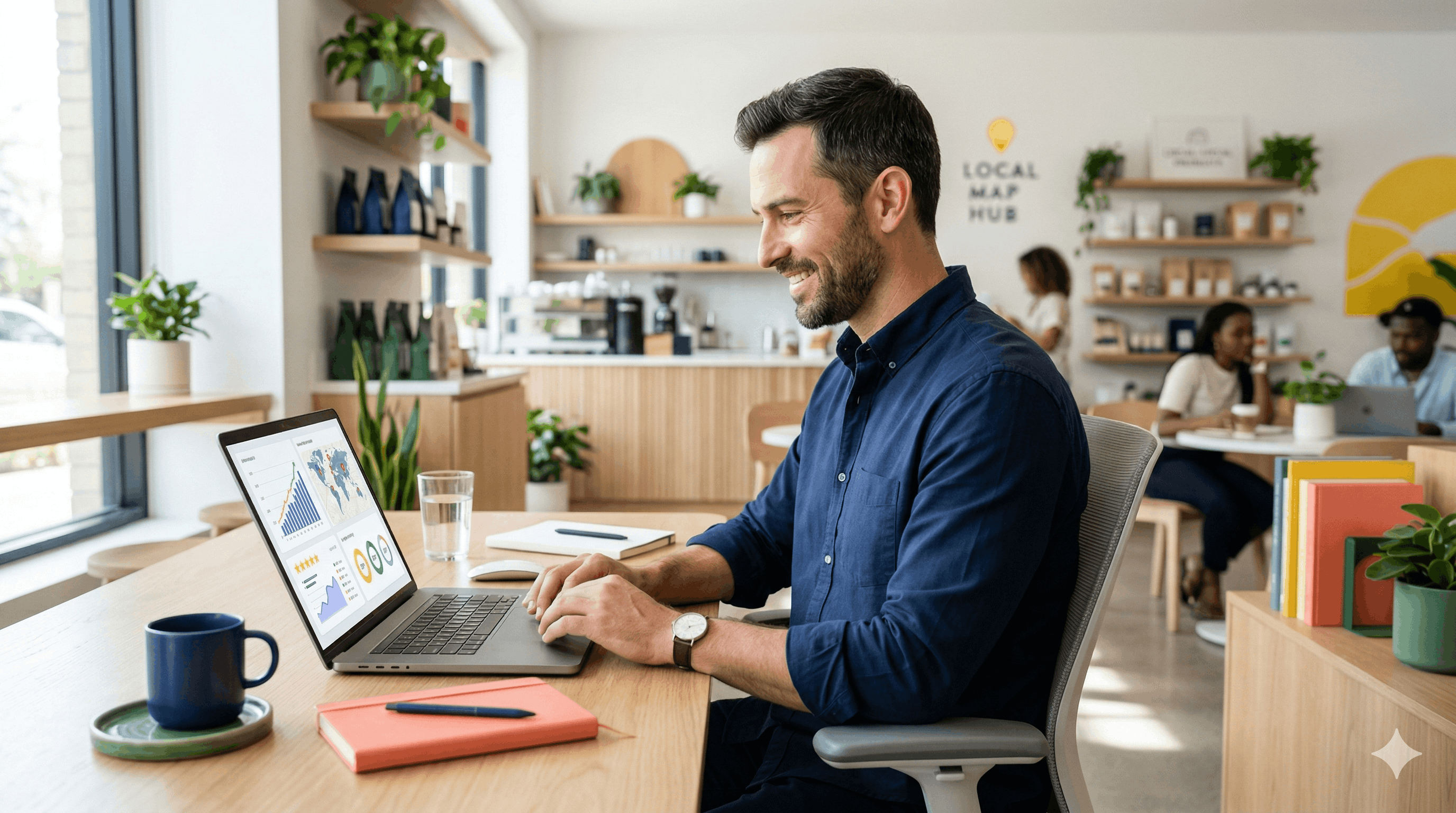 Entrepreneur consultant ses avis Google sur ordinateur portable dans un espace de travail moderne