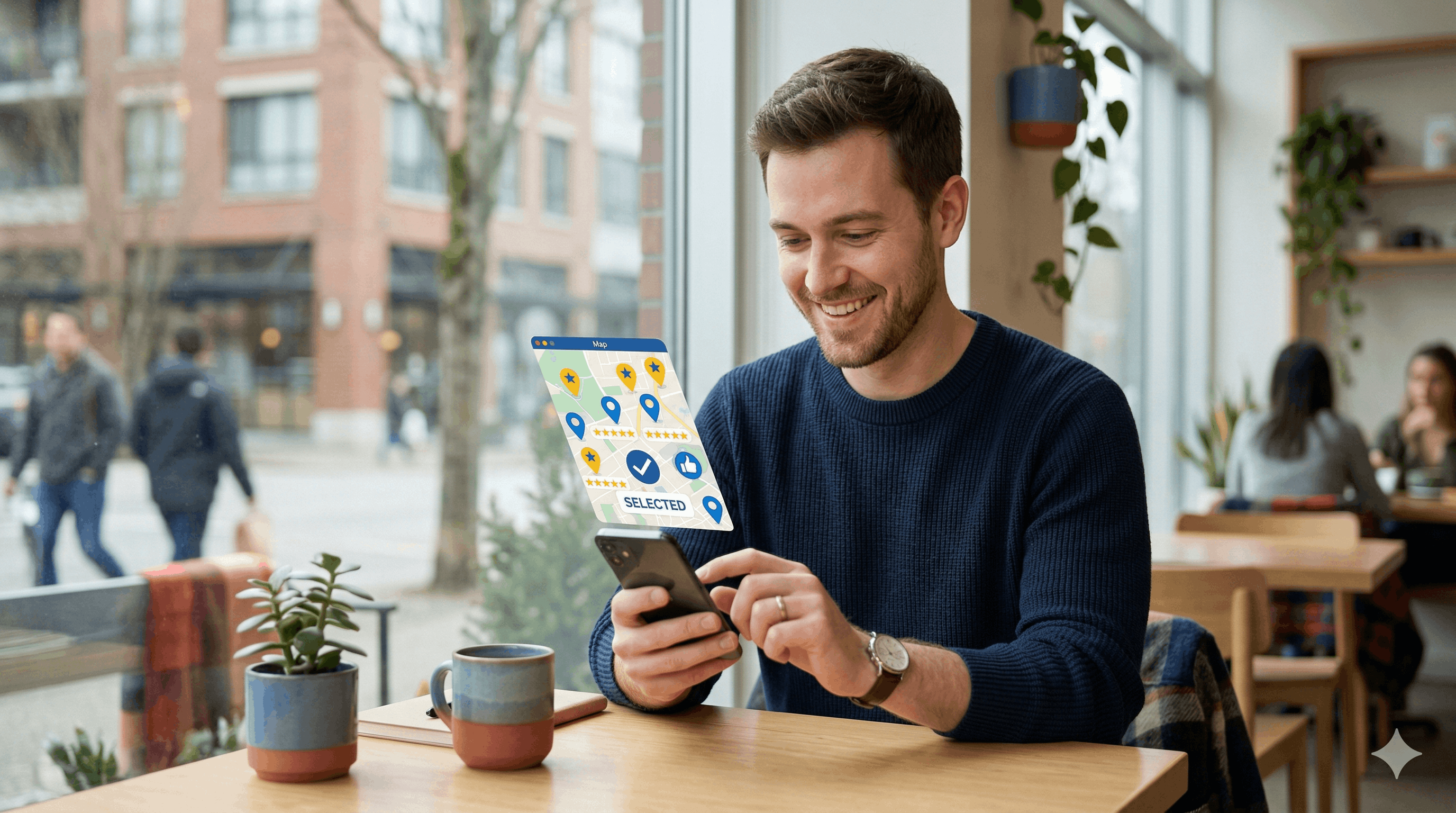 Client souriant lisant des avis Google sur son téléphone avant de choisir une entreprise locale