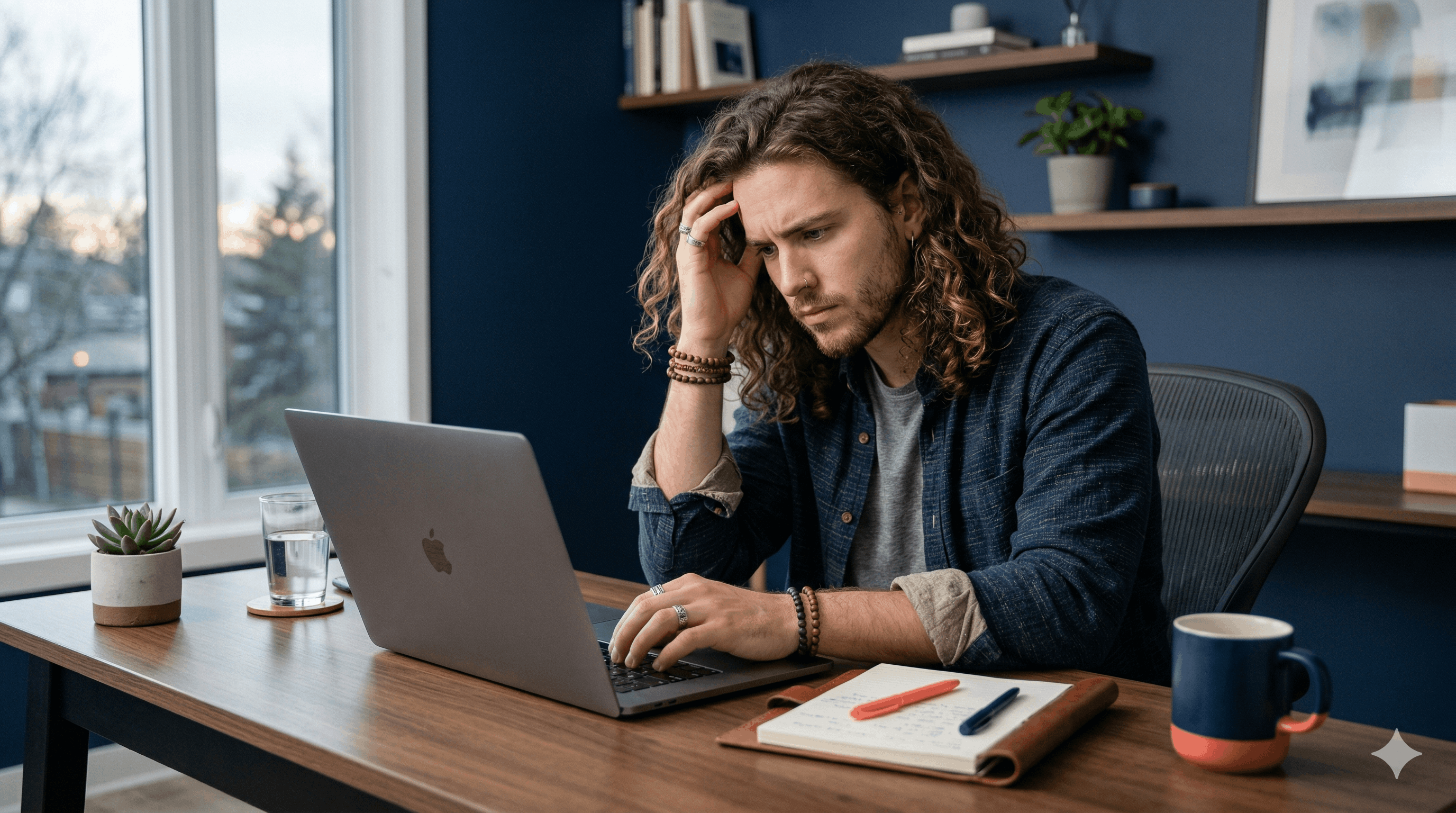 Entrepreneur préoccupé regardant son écran d'ordinateur en constatant les dégâts d'une mauvaise réputation en ligne