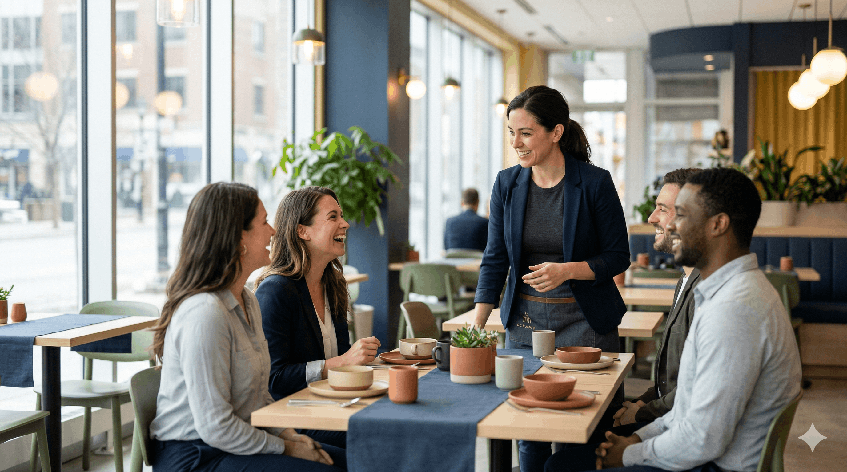 Serveuse souriante interagissant chaleureusement avec des clients satisfaits dans un restaurant moderne
