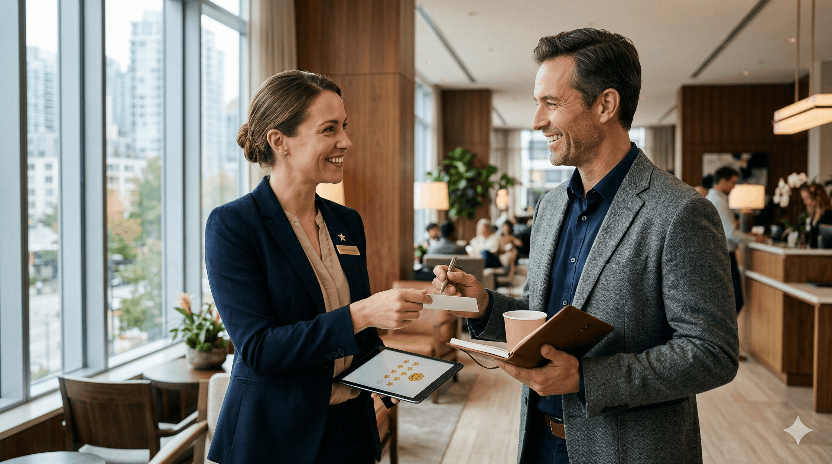 Professionnelle souriante montrant une tablette avec des étoiles d'évaluation à un client satisfait dans un hall d'hôtel