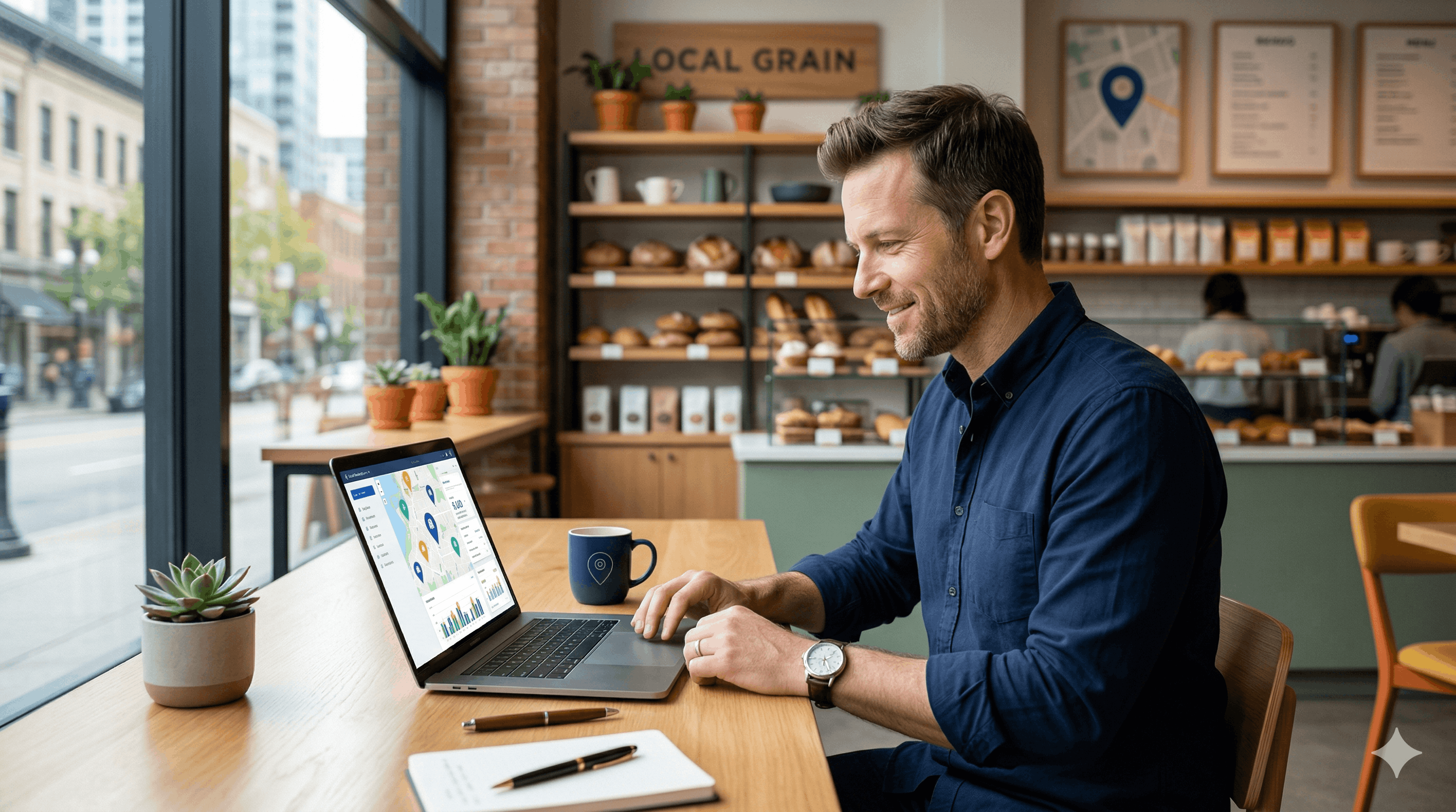 Propriétaire d'entreprise locale souriant gérant sa présence Google sur un ordinateur portable dans un café