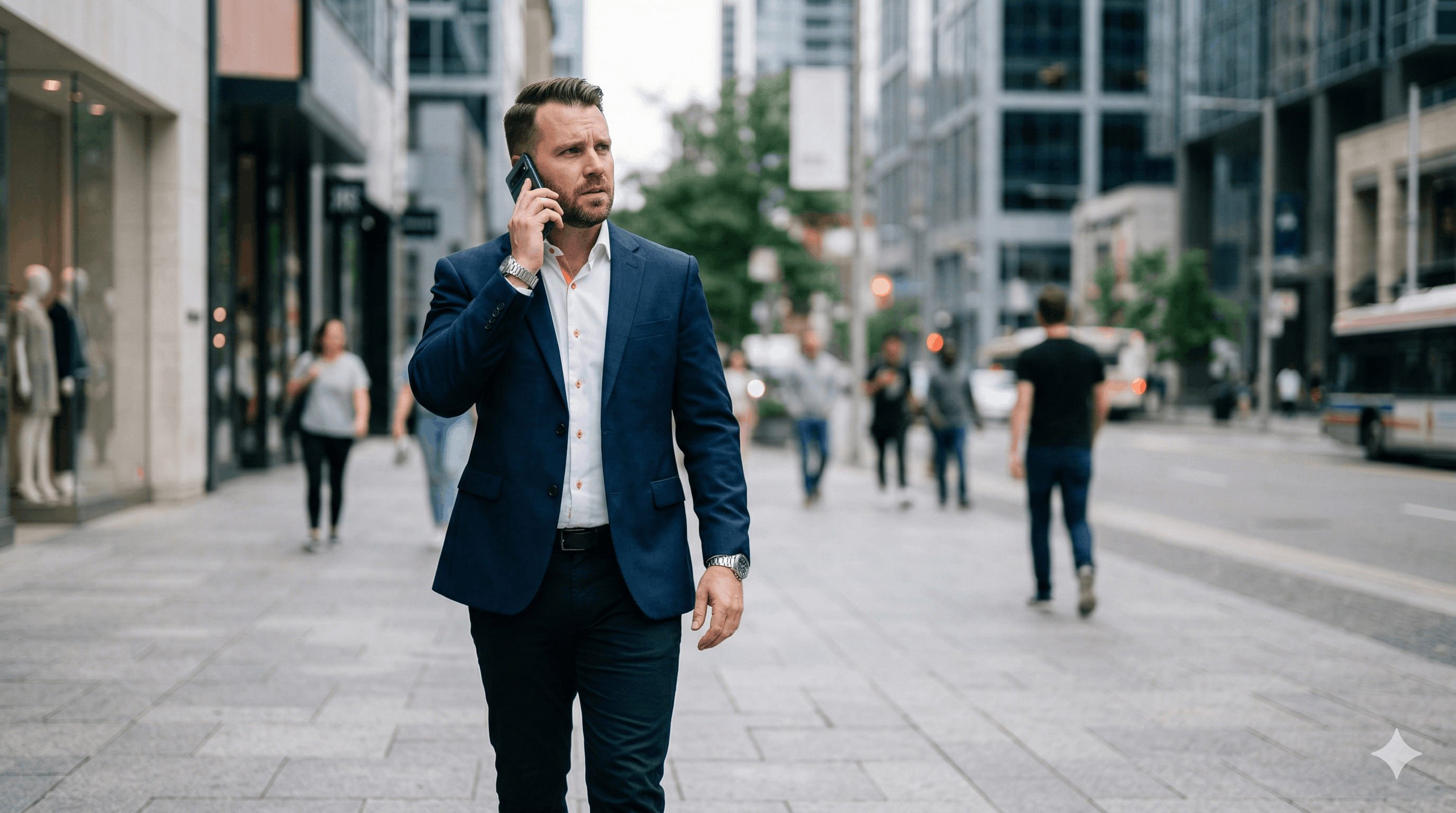 Homme d'affaires l'air méfiant parlant au téléphone dans une rue commerçante