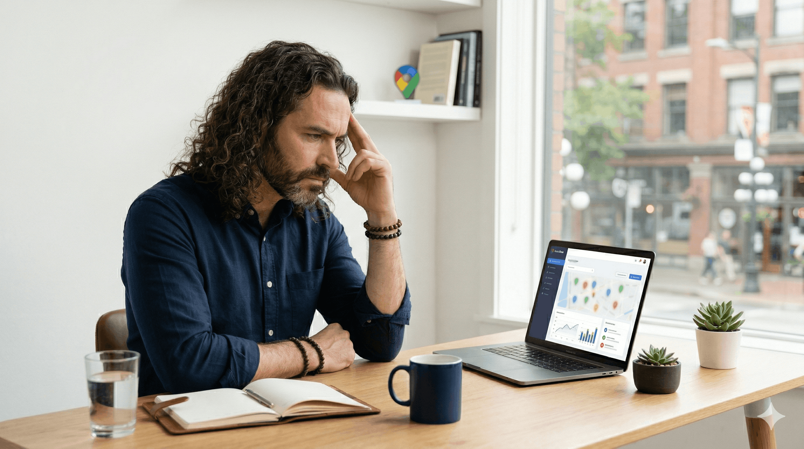 Entrepreneur pensif regardant son ordinateur portable avec l'interface de gestion de fiche Google