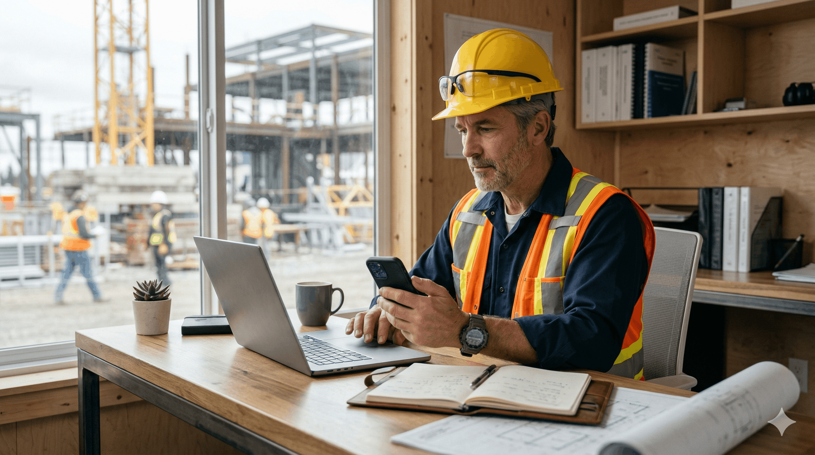 Entrepreneur en chantier vérifiant son téléphone à son bureau avec un ordinateur portable