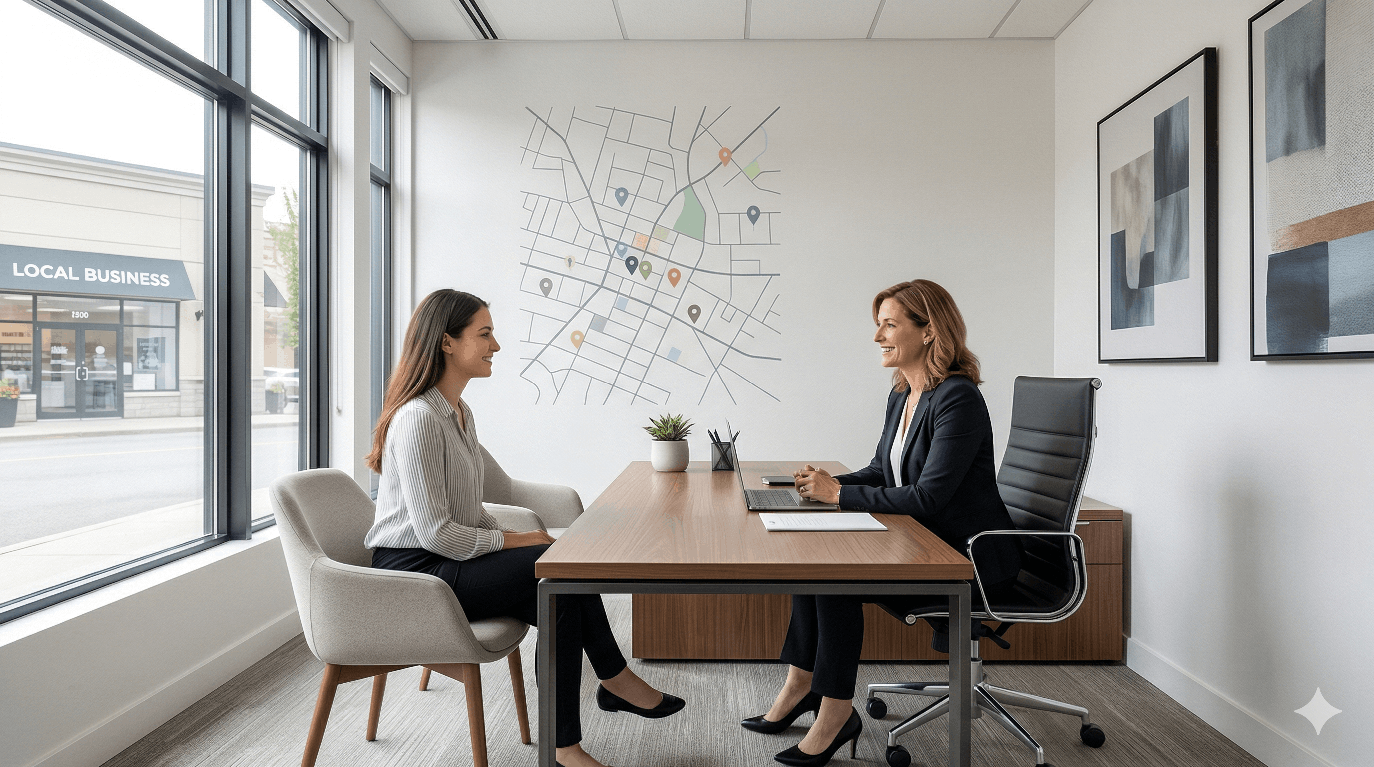 Entretien d'embauche dans un bureau local avec une carte de la ville en arrière-plan