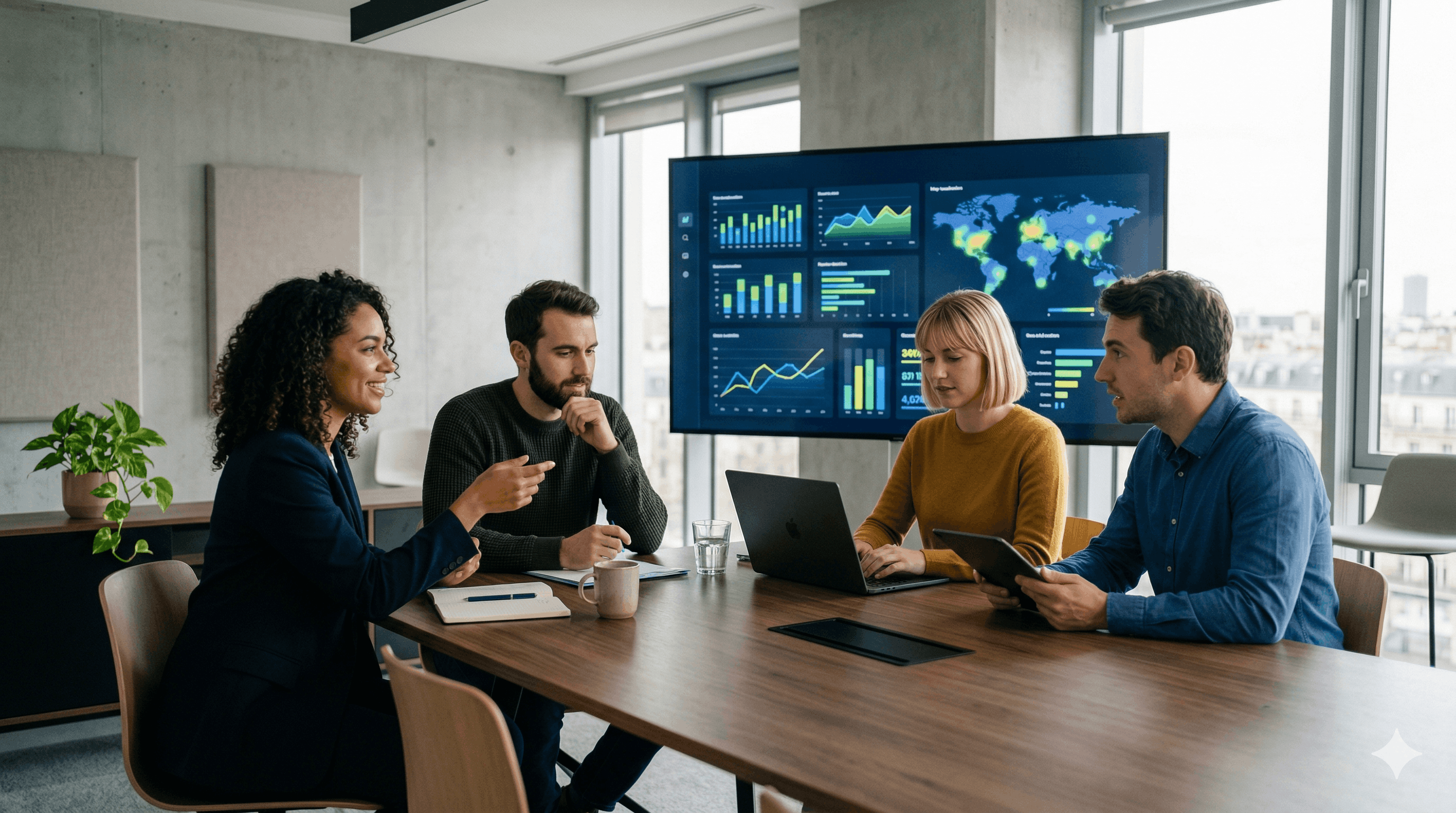 Équipe en réunion stratégique autour d'un tableau de bord analytique