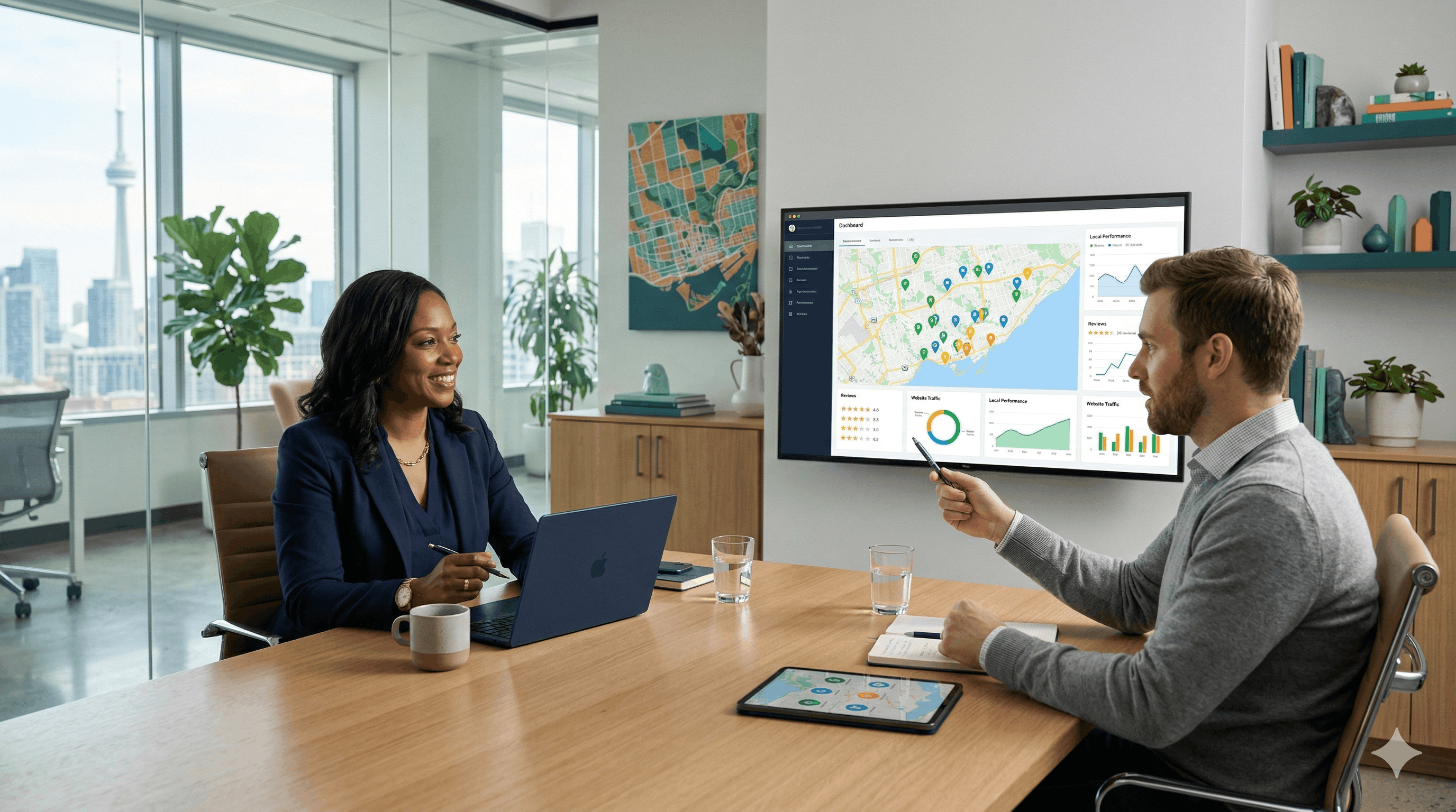 Deux professionnels en réunion devant un écran affichant un tableau de bord Google Business Profile avec carte et avis