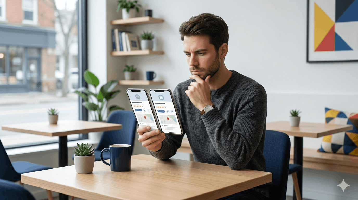 Homme comparant deux fiches Google avec avis sur son téléphone dans un café