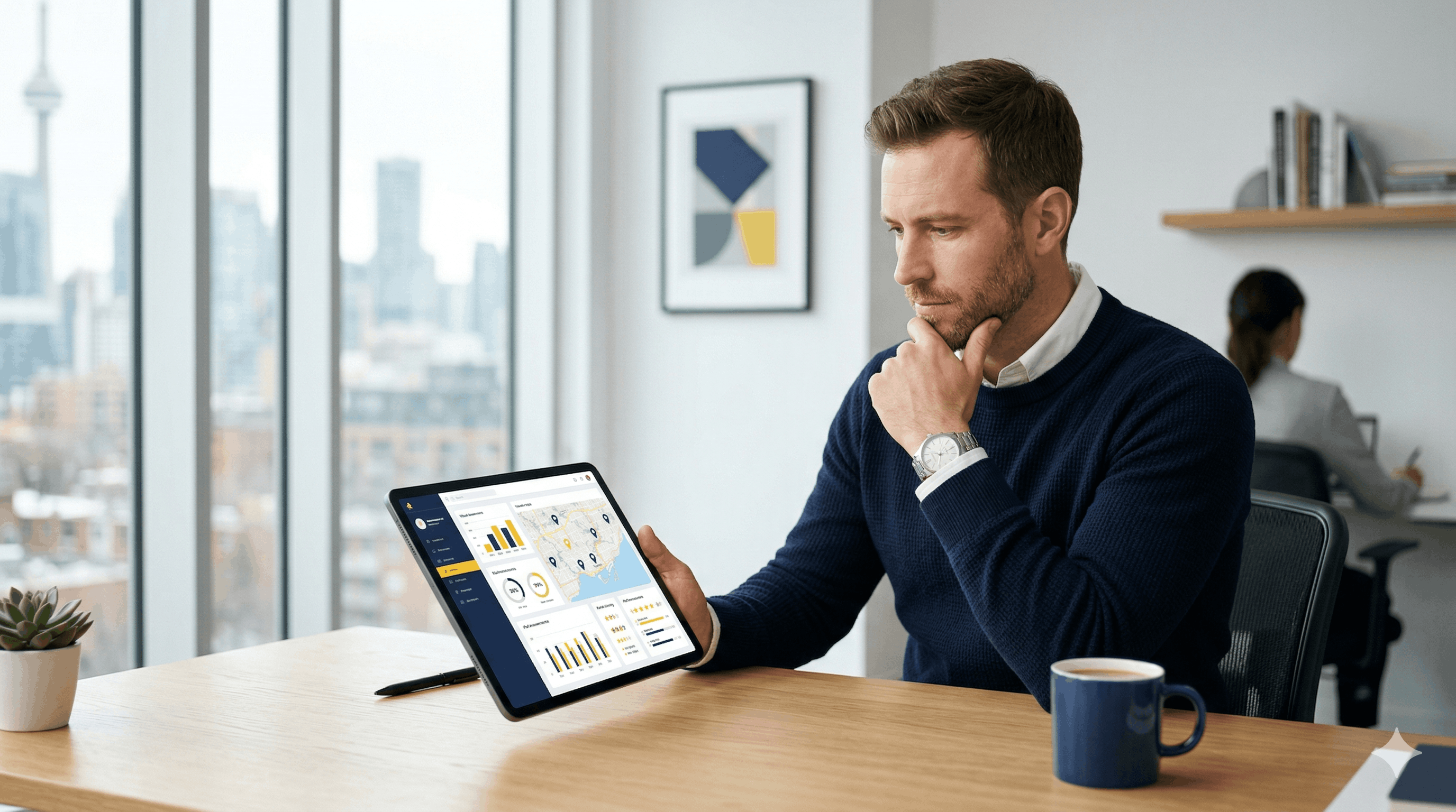 Professionnel analysant les statistiques d'avis Google sur une tablette dans un bureau moderne