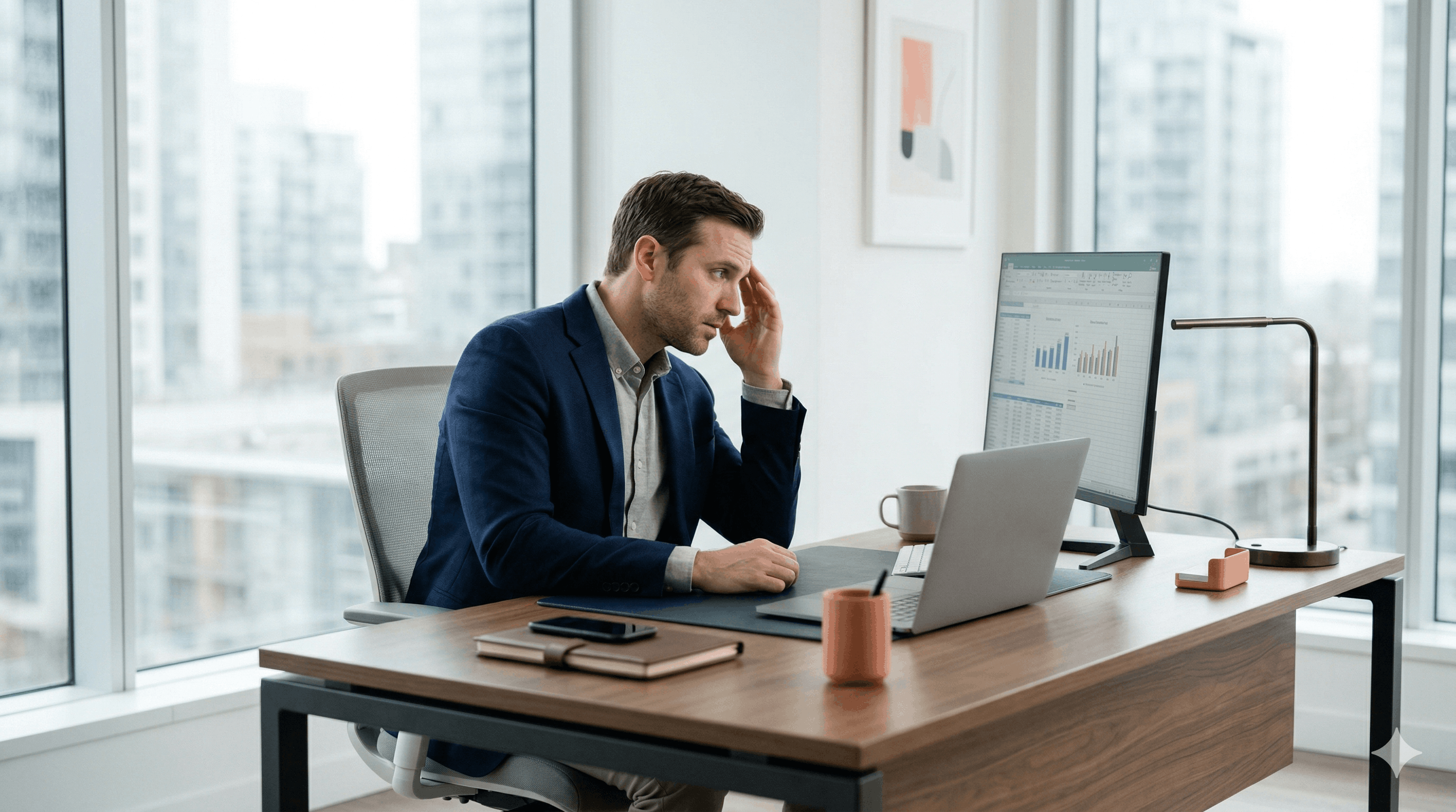 Propriétaire d'entreprise stressé regardant son écran d'ordinateur dans un bureau moderne avec vue sur la ville