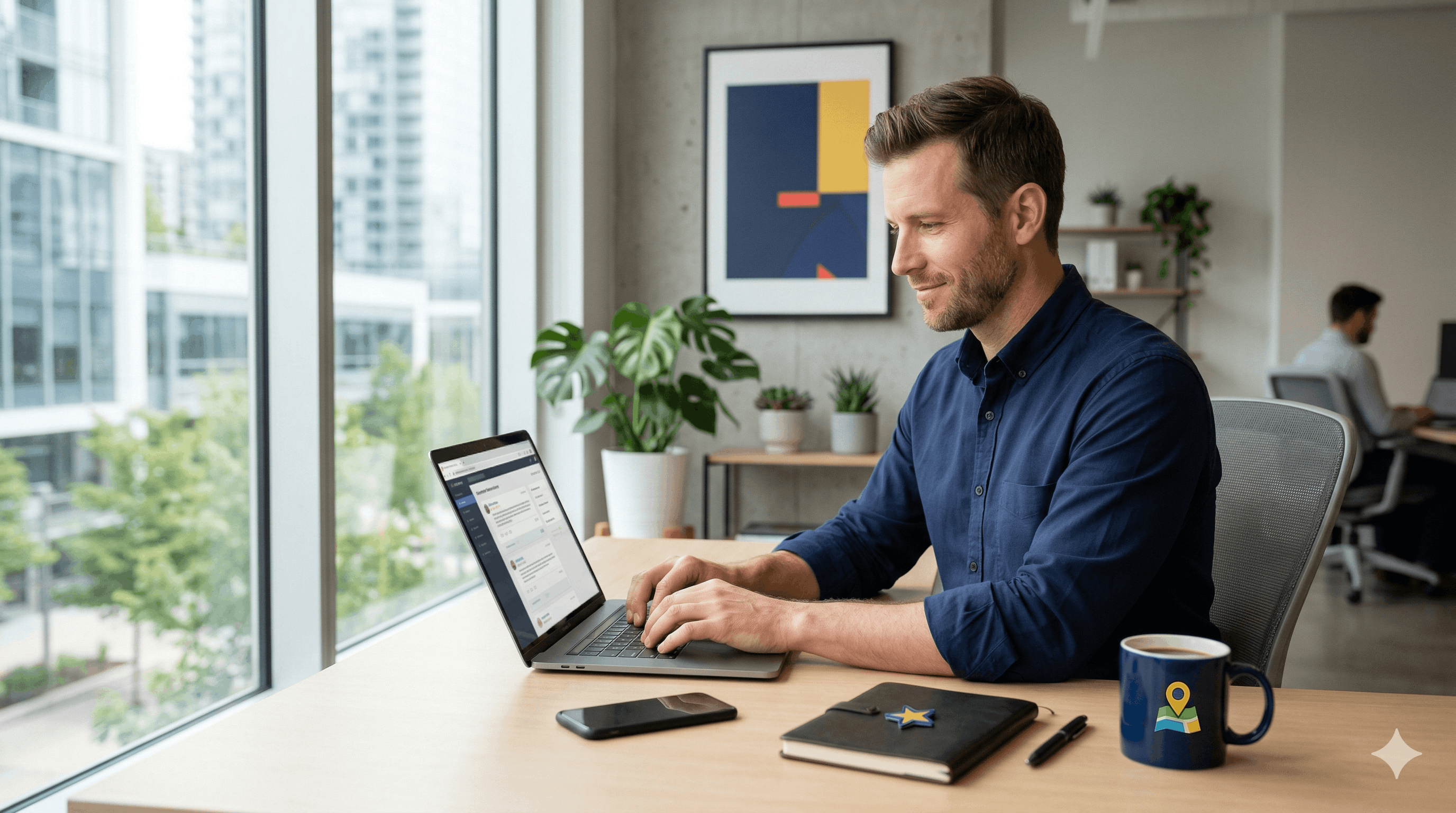 Professionnel souriant répondant à des avis clients sur son ordinateur portable dans un bureau moderne lumineux
