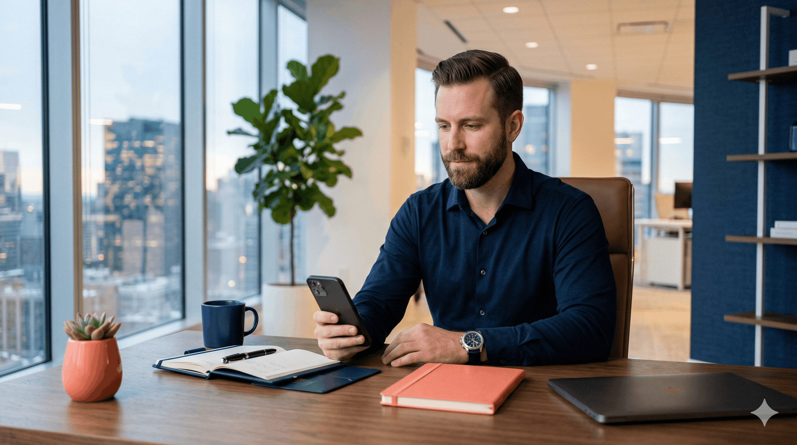 Chef d'entreprise calme consultant son téléphone dans un bureau moderne en hauteur avec vue sur la ville