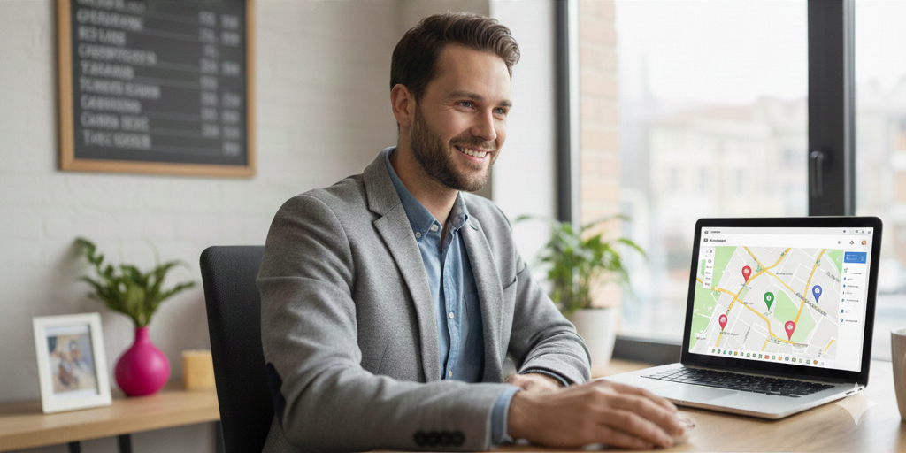 Entrepreneur satisfait utilisant LocalMap pour dominer Google Maps